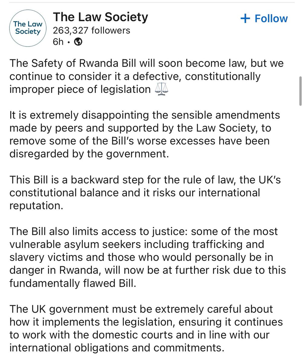 The Law Society have come out strong on the Rwanda Bill. @TheLawSociety 💪