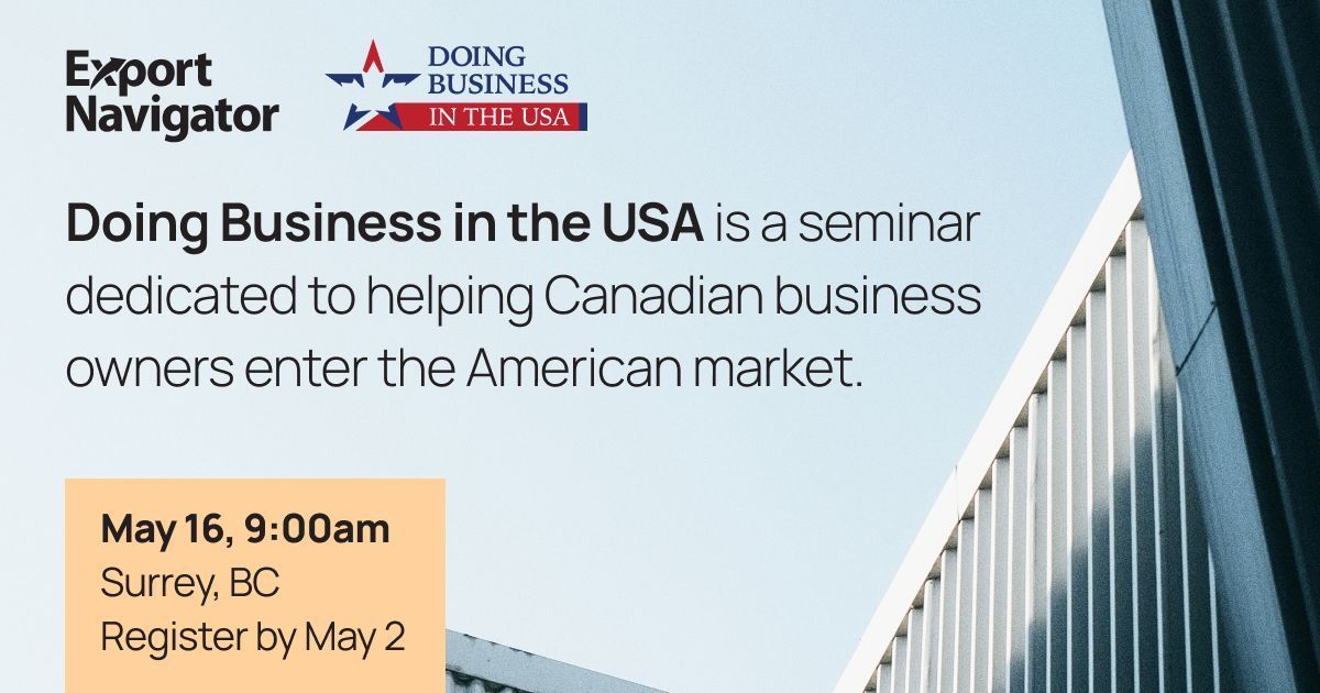 Our Doing Business in the USA series is back! Mark your calendar for May 16, when we’ll be headed to #SurreyBC for an informative session on #exporting south of the border. Register today for free at sbbc.co/DBUSASUR #DBUSA