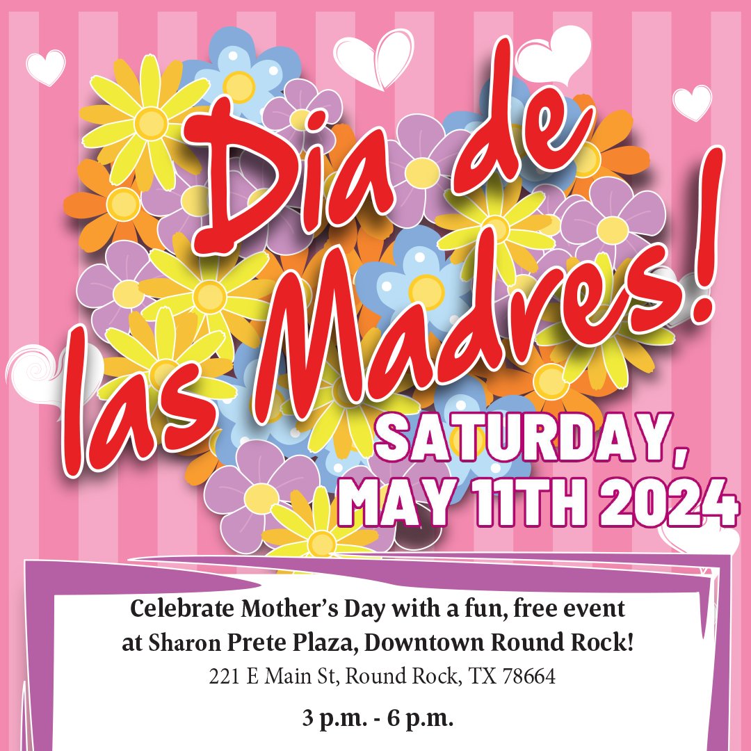 💐 Celebrate Mother's Day with a fun, free event at Sharon Prete Plaza, Downtown Round Rock! 
Saturday, May 11th from 3pm-6pm

💐 ¡Celebra el día de las madres el sábado, 11 de mayo de 3pm a 6pm en el centro de Round Rock en Sharon Prete Plaza! ¡El evento es gratuito! 

#MyRRPL