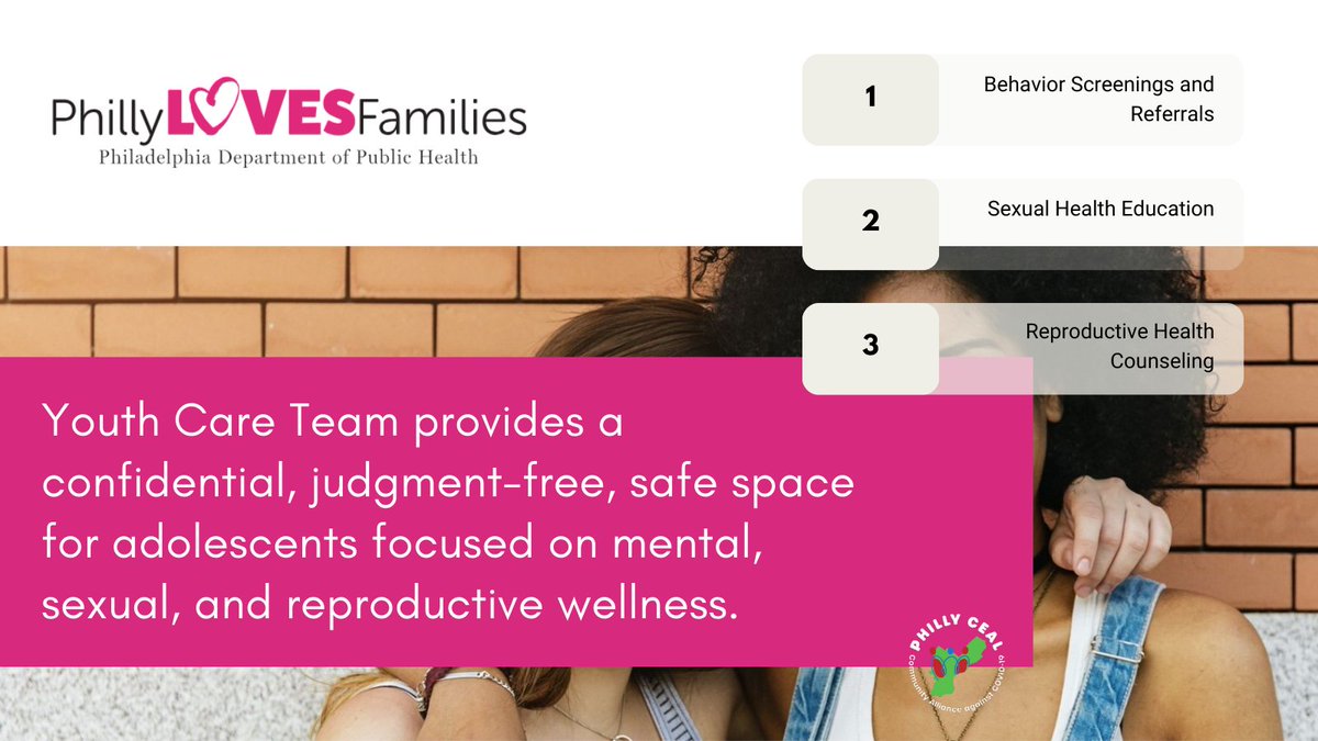 The Philadelphia Department of Health offers the Youth Care Team program to connect 13- 21 year olds living in Philadelphia with mental, sexual, and reproductive wellness support.

➡️ phillylovesfamilies.com/youth-care-team