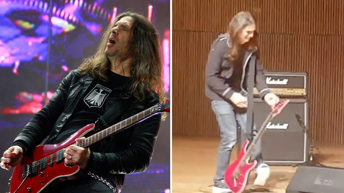 “Smile and keep going. That’s my message”: Watch the moment Kiko Loureiro’s strap falls off mid-solo – in front of Guthrie Govan trib.al/frw5UCB