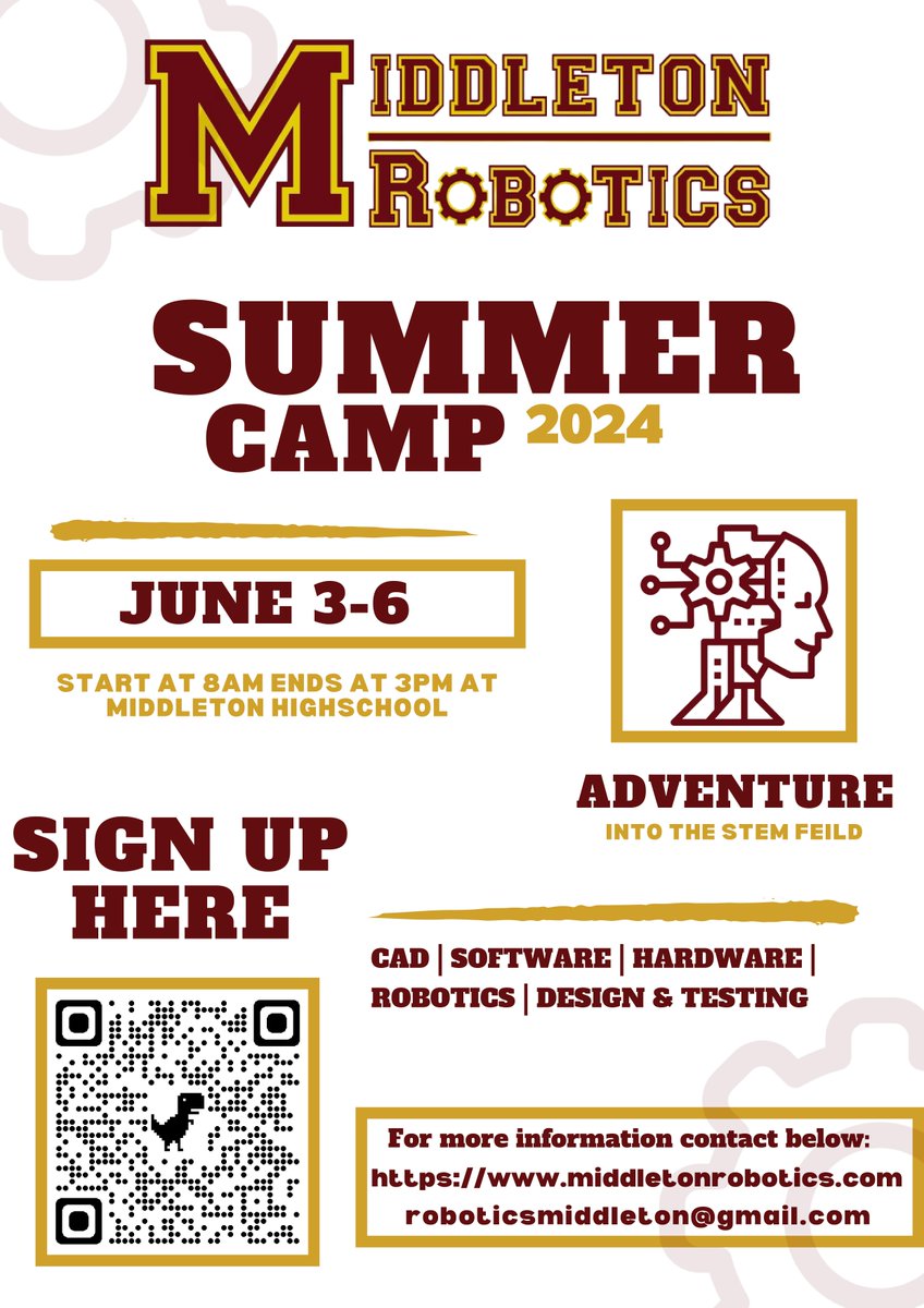 LOOKING FOR A FUN SUMMER CAMP OPTION? ⚙️ Our Middleton Robotics students are offering several camps from June 3-6. During these camps, students in grades 2-10 will explore and push the boundaries of technology and robotics. To register visit, bit.ly/4b8GOYN.