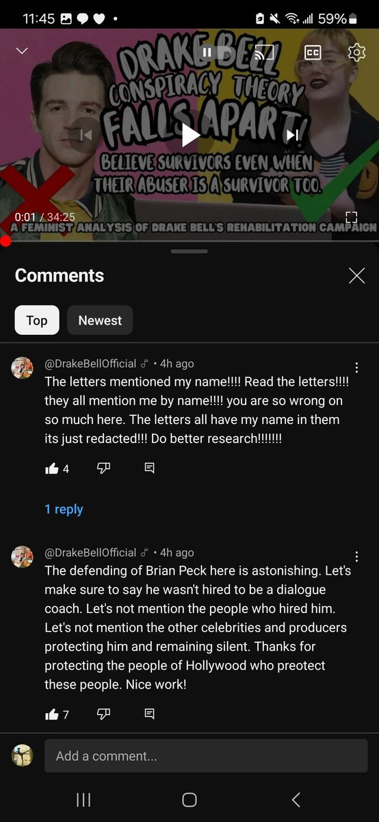 Drake Bell clapping back in the comments of YT videos discrediting his story.