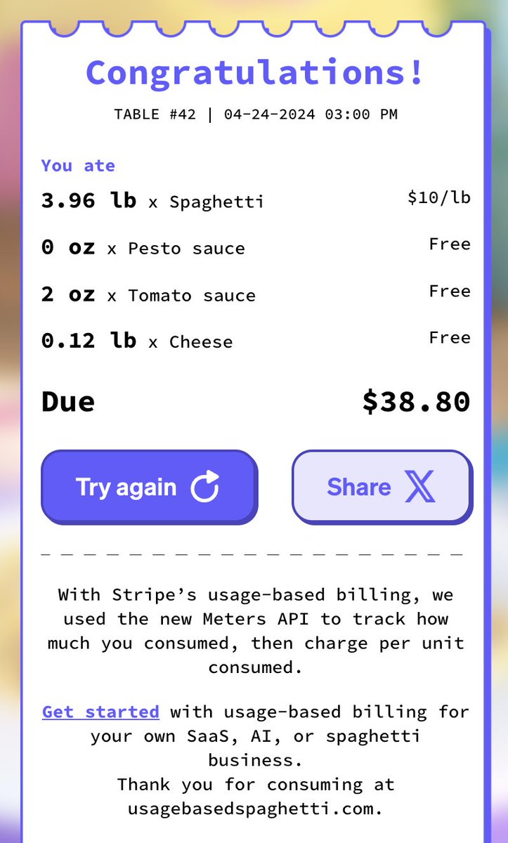 It's so inspiring to see Stripe innovate on pricing models. Big Pasta has been taking advantage of people for so long forcing consumers to buy pasta in bulk.

usagebasedspaghetti.com/game

#change #hope