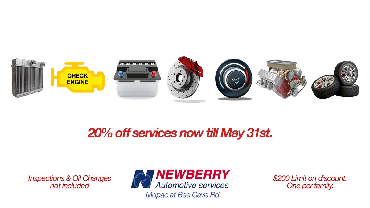 Just mention this digital coupon upon arrival or print and show prior to service. (Sorry, inspections or oil changes not included).
newberryautomotive.com
#15%Discount
#Westlakehillstx
#BeeCavetx
#Lakewaytx
#austin
#atx
#austin360