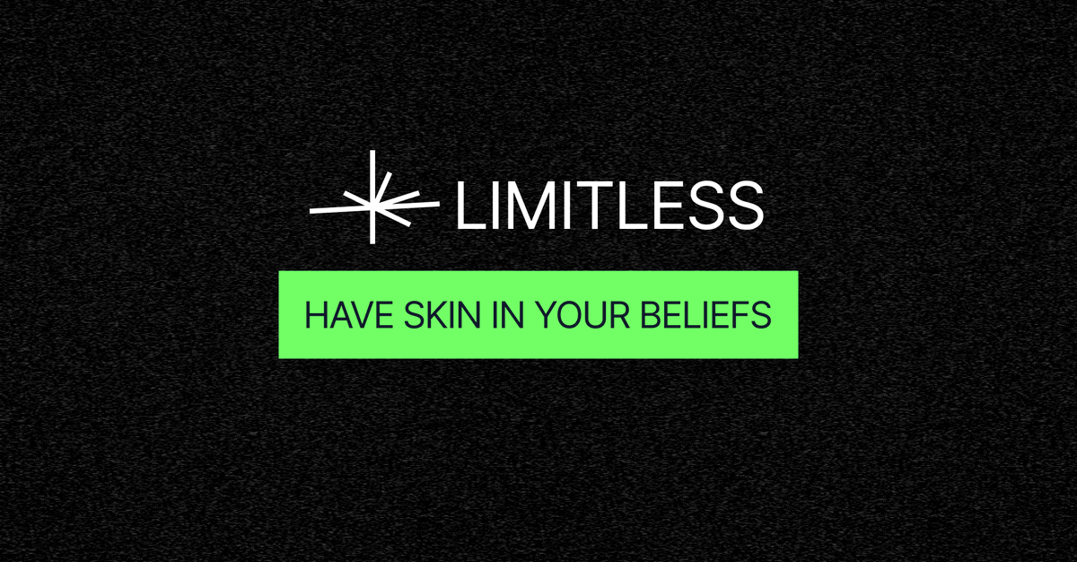 trylimitless's tweet image. 💥 We’ve soft launched Limitless — the social predictions protocol on @base 💥

Participate in social prediction markets &amp;amp; engage with your favorite creators!

🧠 Time to have skin in your beliefs — limitless.exchange