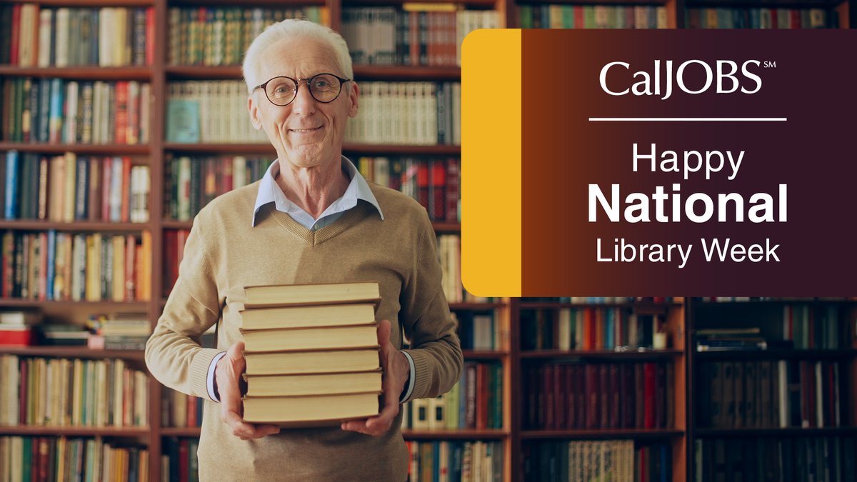 📚 Happy #NationalLibraryWeek!
Are you a bookworm? Do you enjoy the smell of ink and paper, the sounds of a crisp book spine? Find your career as a library technician.  

👉 Find out more at CalJOBS.ca.gov

#CalJOBS #CaJobs #Library #LibraryAssistant