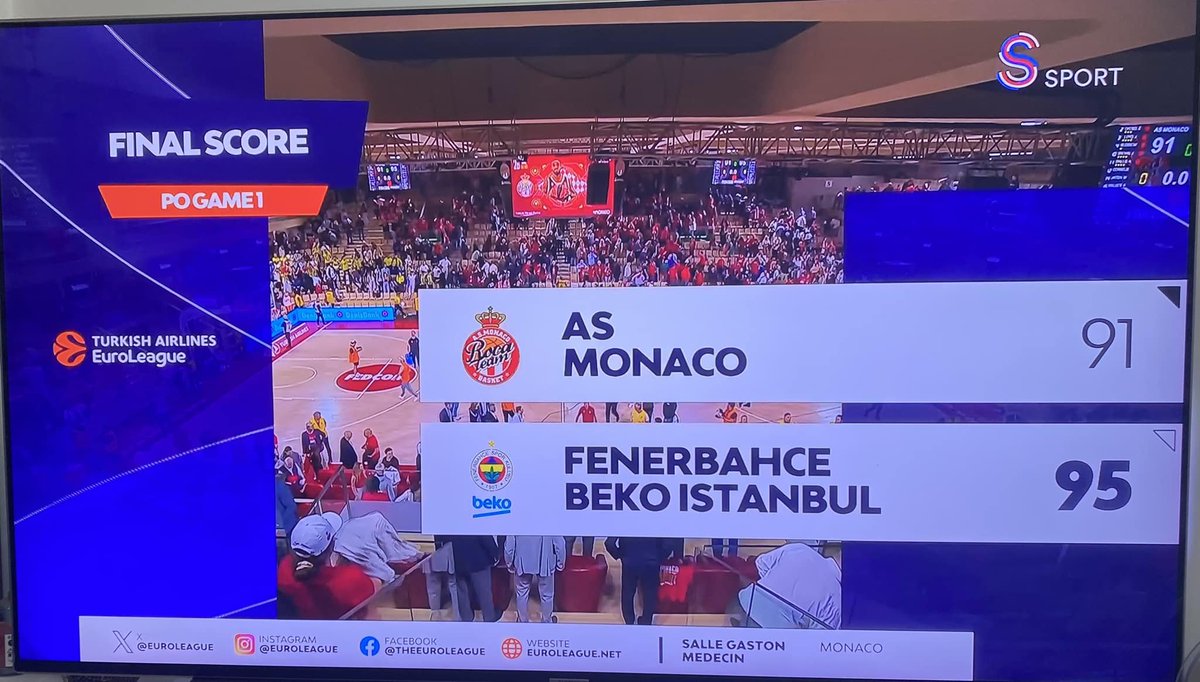 Turkish Airlines Euroleague son 8 Play off ilk maçında Fransa''da Monaco'yu 91 -95 yenerek çok önemli bir galibiyet aldık,ve seride 1-0  öne gectikTebrikler Fenerbahçe Beko #sonunakadar #neverenough 💛💙🇹🇷🧿