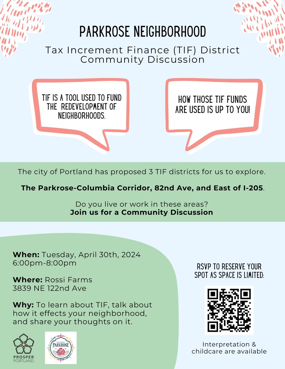 Join @Rosewood162 tomorrow for an East Portland TIF District conversation ! Details in the earlier post below 👇👇👇 Parkrose Neighborhood session next Tuesday, 4/30, from 6-8pm at 3839 NE 122nd Ave.
