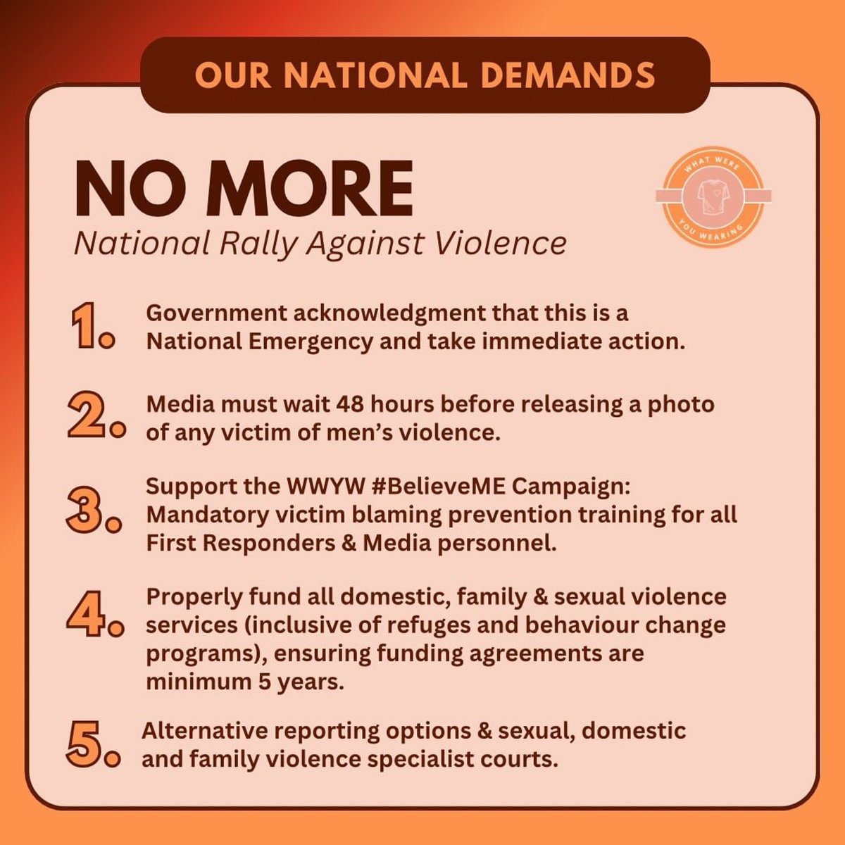 @Milliganreports @PatsKarvelas And this year, one woman is being violently killed every FOUR days.

I’ll be at the NO MORE rally in Naarm/Melbourne on Sunday. Would be great if you could spread the word, Louise 🙏

whatwereyouwearingaus.org/national-rally