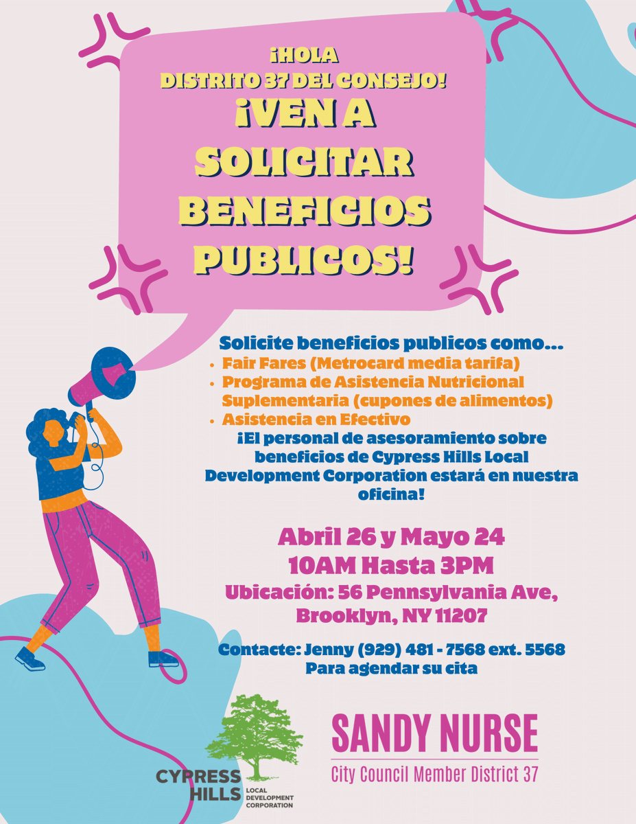 TOMORROW: Come to our office & sign-up for Public Benefits: #SNAP, Fair Fares, Cash Assistance & more! 🎉 📅 Fri 4/26 & Fri 5/24 @ 10AM 📍56 Penn Ave 📞 Make Appt: (929) 481-7568 ext. 5568 @CHLDC