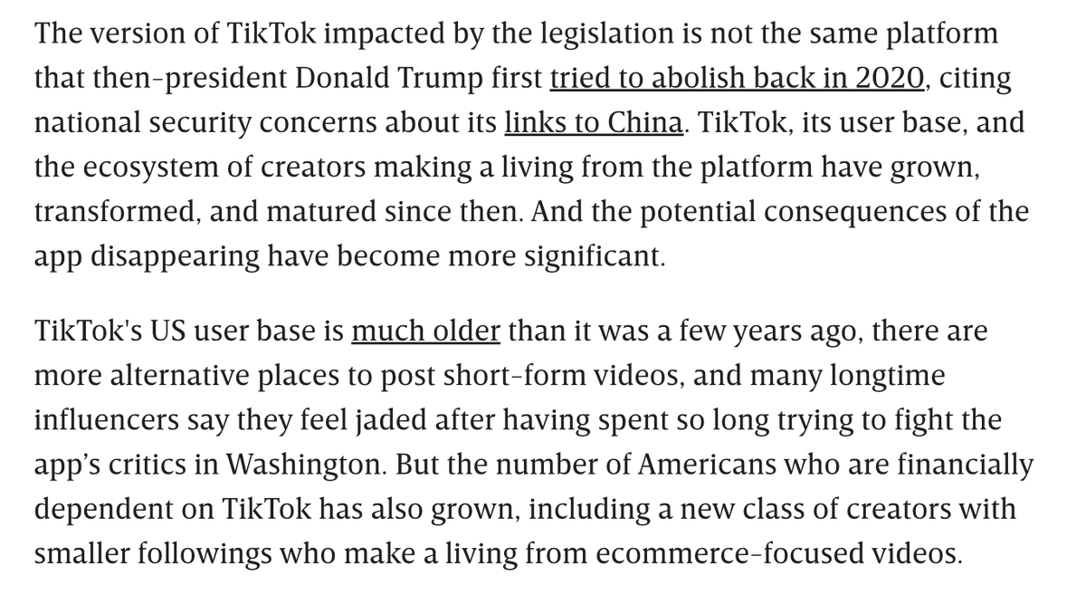 For @WIRED, I wrote about how TikTok isn't the same app that Trump first tried to ban in 2020. The platform has completely transformed since then, and the implications of getting rid of it have changed too wired.com/story/senate-v…