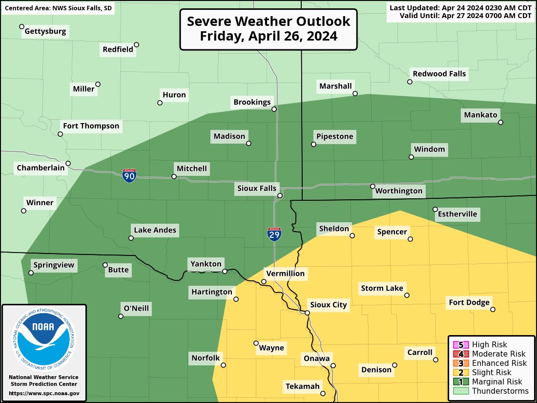 ⛈️ Severe weather is possible on Friday! Storms are going to move in for Friday afternoon into the evening. The risks will mainly be for wind and hail, but similar to last Tuesday in northwestern Iowa some isolated tornadoes will be possible. #SDwx #IAwx #MNwx #NEwx