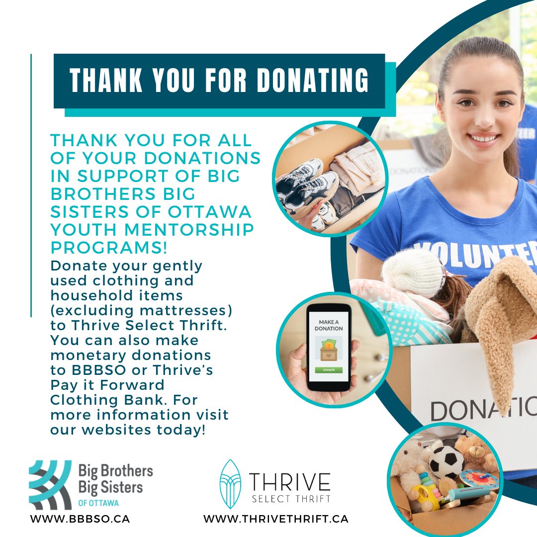Thank you for donating to @ThriveThrift85 in support of @BBBSO youth mentorship programs!🎉 Remember when donating to inspect your items for any stains, tears, holes and any other damage.