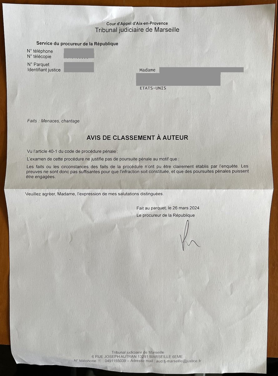 Yay! Three years after @raoult_didier @Pr_Chabriere_E and @IHU_Marseille filed a complaint against me for harassment and blackmail, the Marseille Procureur tells me today they could not find any grounds for criminal prosecution.