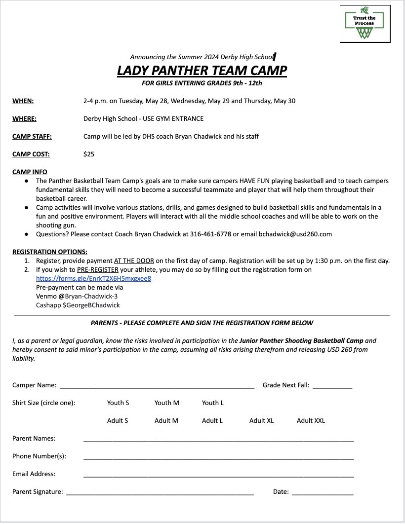Our Lady Panther WBB Program is offering TONS of opportunities to our Future Lady Panthers this summer! 1. Jr. Lady Panther Basketball Camp 2. Jr. Lady Panther Skills Camp 3. Jr. Lady Panther Shooting Camp PLEASE COMPLETE AND SIGN THE REGISTRATION FORMS BELOW! LETS WORK!