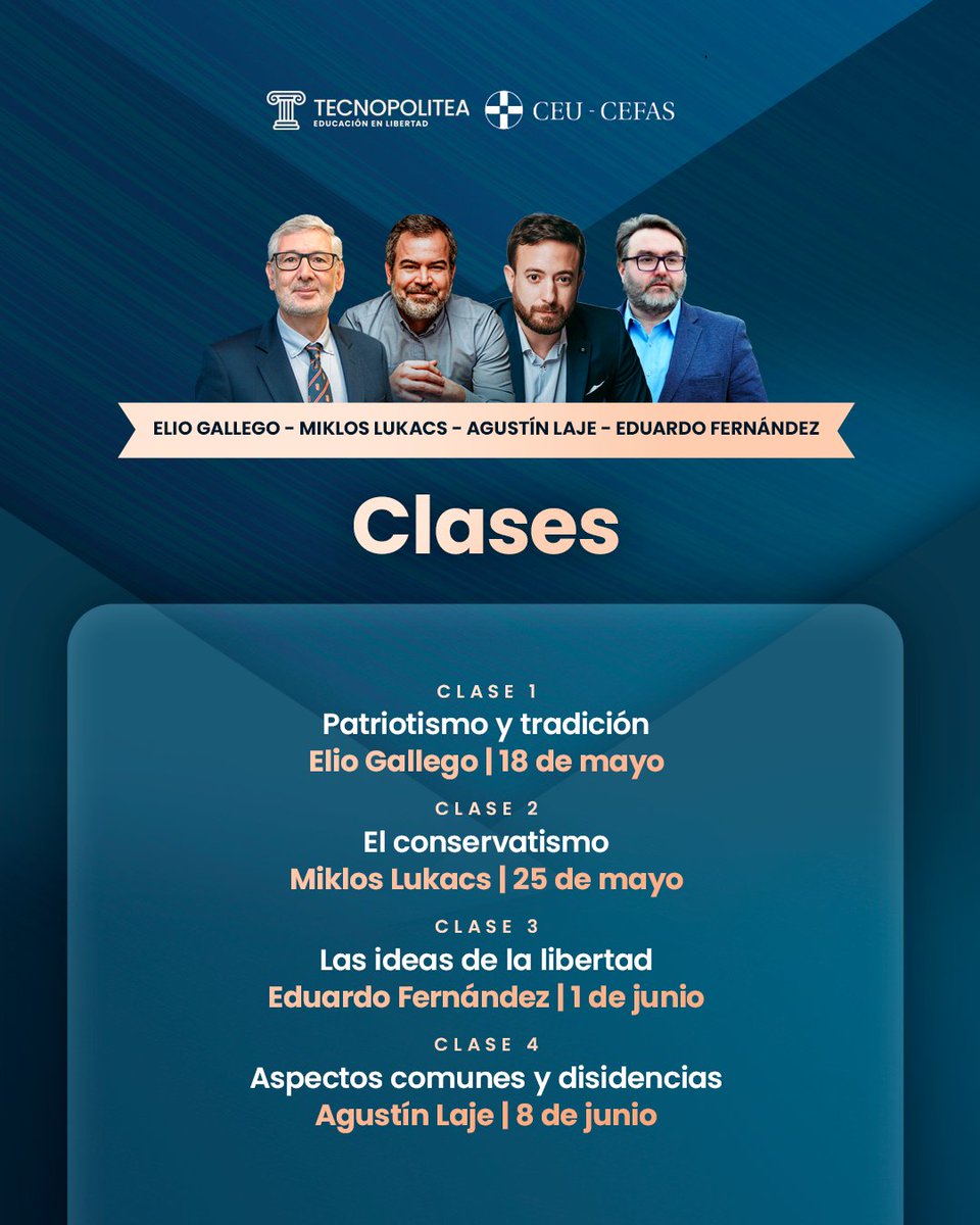 ¡NUEVO CURSO JUNTO A @CEFAS_CEU! - Historia y Actualidad del Pensamiento Político Conservador Los profesores de este curso serán @AgustinLaje, @mlukacs, @edu_amagi y Elio Gallego. Inicia el 18/5. Inscríbete en tecnopolitea.com/store