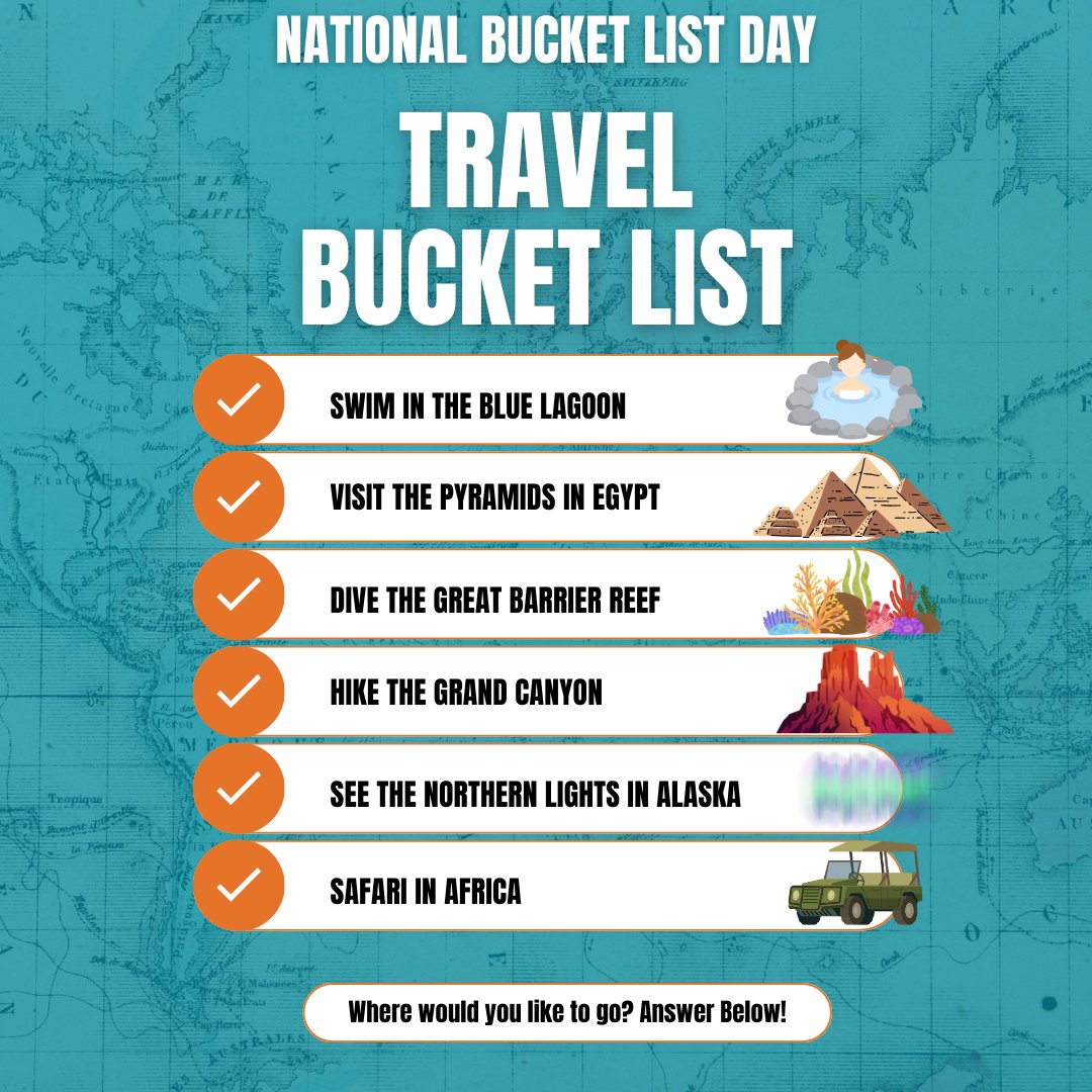 April 24 celebrates National Bucket List Day to remind us it's never too late to set new goals, go on a dream vacation, and inspire people around you to enjoy life to the fullest 💫.

What's at the top of your bucket list?

#bucketlist #neverstopexploring #bucketlistday