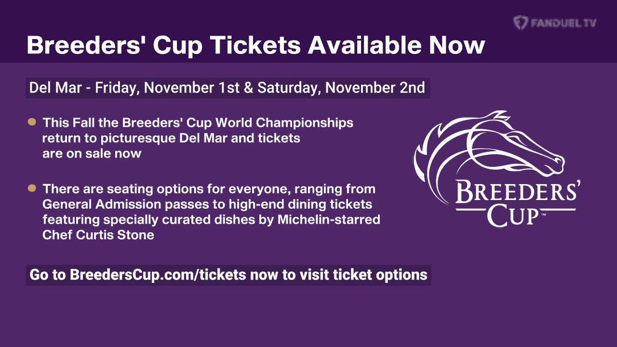 The @BreedersCup returns to @DelMarracing this November. Tickets are on sale now. Check out the details 👇