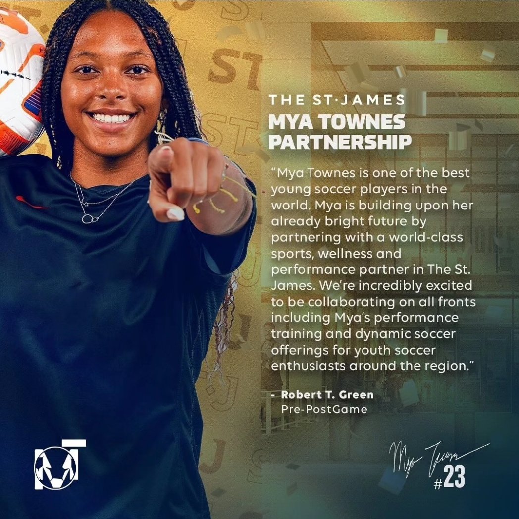 TheRobertTGreen's tweet photo. "Mya Townes is one of the best young female soccer players in the world, just scratching the surface.

Partnering with @TheStJames provides her world-class support as the standard bearer of facilities and sports wellness and performance in the country"

#CaptainMya #TimeToStrike https://t.co/0UEYTOwQVH