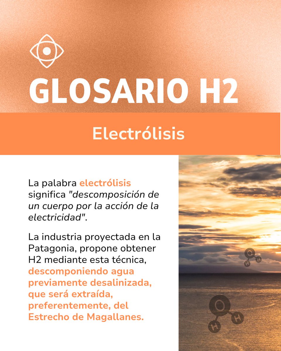 La industria de #H2 proyectada para #Magallanes, usará energía eólica para generar la electricidad que provocará una reacción química en las moléculas del agua desalinizada. ¿Cómo operan estos procesos? ¿Tienen impactos ambientales asociados? Entérate en el #GlosarioH2 #H2v