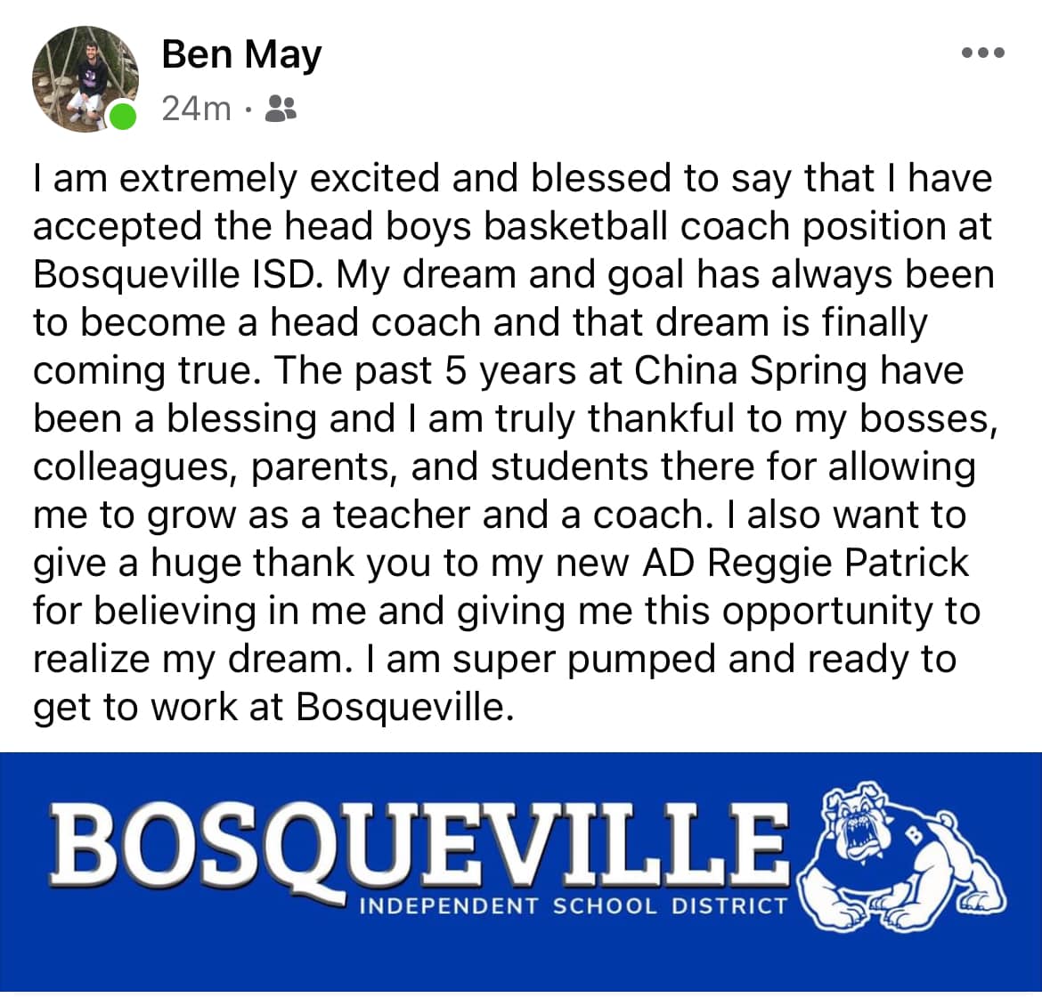 China Spring Athletic Booster Club (@cscougarsports) on Twitter photo We're going to miss you, Coach May! Congrats and good luck at Bosqueville!! <a href="/ReggiePatrick21/">Reggie Patrick</a> We're going to miss you, Coach May! Congrats and good luck at Bosqueville!! <a href="/ReggiePatrick21/">Reggie Patrick</a>