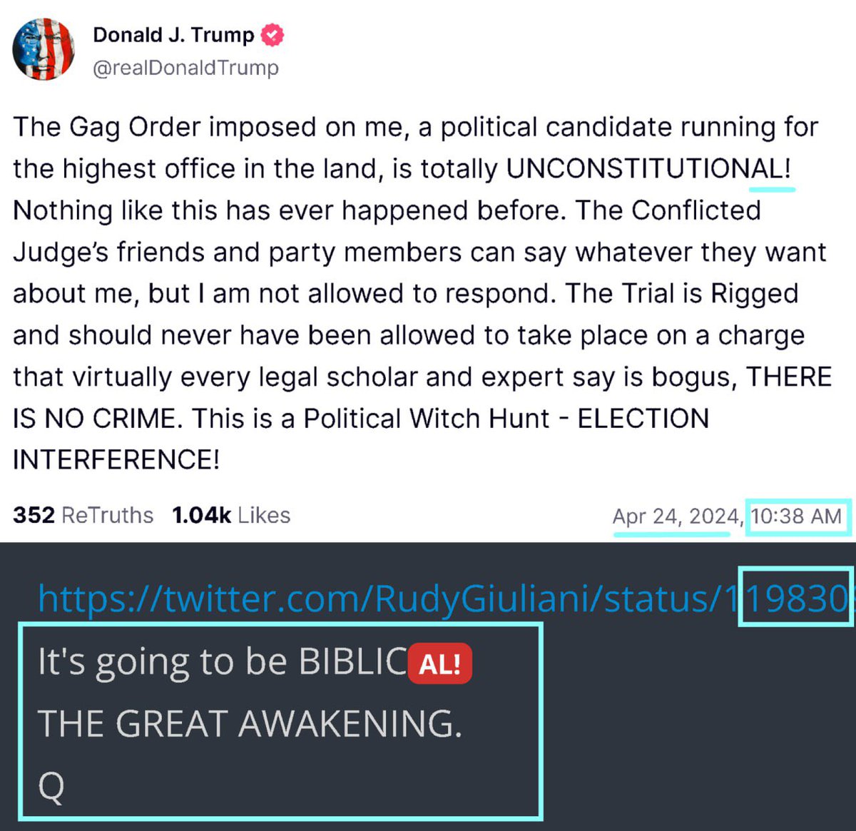 TRUMP –  POTUS isolates this drop (+1) – 1038 string is interrupted with a 9??

It's going to be BIBLICAL! 
THE GREAT AWAKENING.
Q

Join Here ➡️@teamanons 

DARK [10]

🦅 🇺🇸 💪 🔥