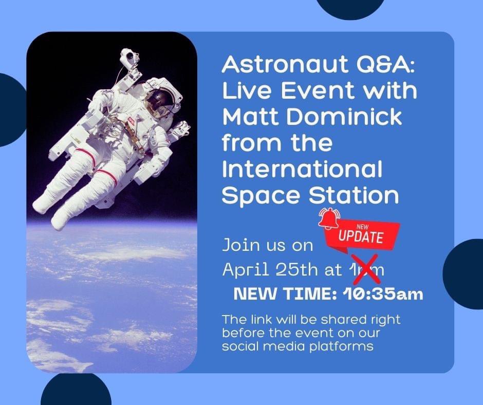 Update: NEW TIME- 10:35am
Mark your calendars and join Cline as we chat LIVE with Matt Dominick from the International Space Station on April 25th.  @NASA_Astronauts nasa.gov/humans-in-spac… #kinderchat #1stchat #2ndchat #3rdchat #4thchat #5thchat