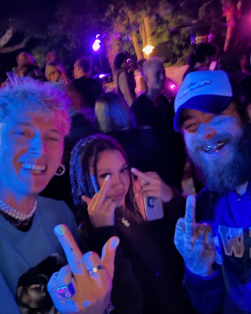 mgk aka machine gun kelly, his daughter casie, and post malone at his birthday party