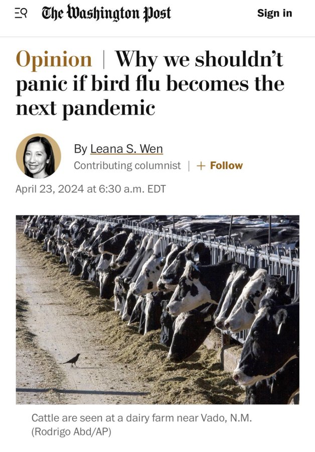 The issue isn't whether anyone should panic. Of course, no one should panic. Ever. But if H5N1 becomes a genuine pandemic, our sphincters should collectively clench. Which is why it's important that people be taught the stakes *before* that eventuality.