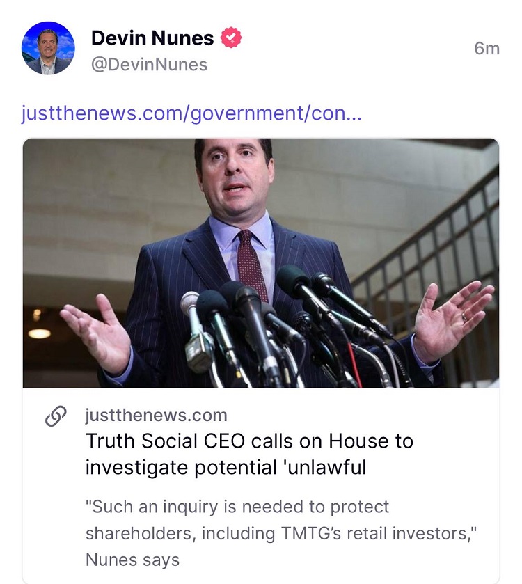 #TruthSocial #CEO #DevinNunes calls on #HouseOfRepresentatives to #investigate potential 'unlawful manipulation of #DJT #stock'...