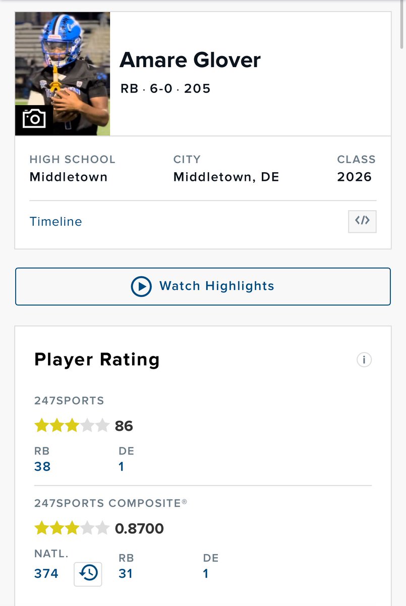 Thankful to be ranked a 3 Star RB on @247Sports & the #1 player in Delaware @BrianDohn247 @ZacharyBlum1 @MiddletownFB @coachjohnson302