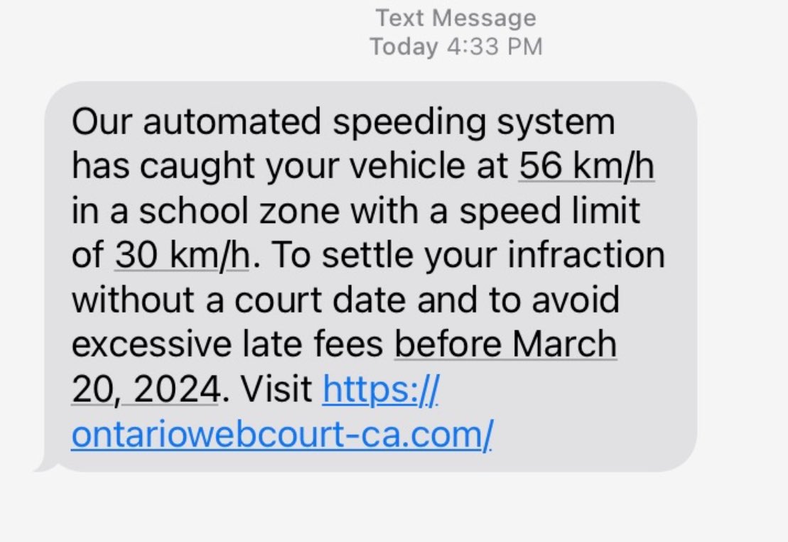 SCAM ALERT: You will receive offical ASE (speed camera) and Red light camera tickets in the mail … you will NOT get a text like below. Please check your sources and be cautious when you get emails and messages from unknown sources. Look closely at the url … -ca.com … #Scam ^bb