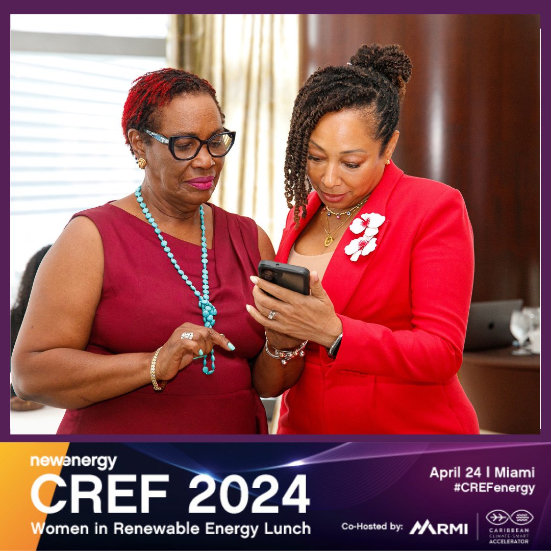Caribbean Climate-Smart Board Co-Chair UnaMay Gordon (@Gemgord) & CEO / UNFCCC Global Ambassador for SIDS Racquel Moses (@RacMoses) share a moment at the Women in Renewable Energy luncheon at CREF 2024! #RenewableEnergy #WomenLeaders #CREF2024