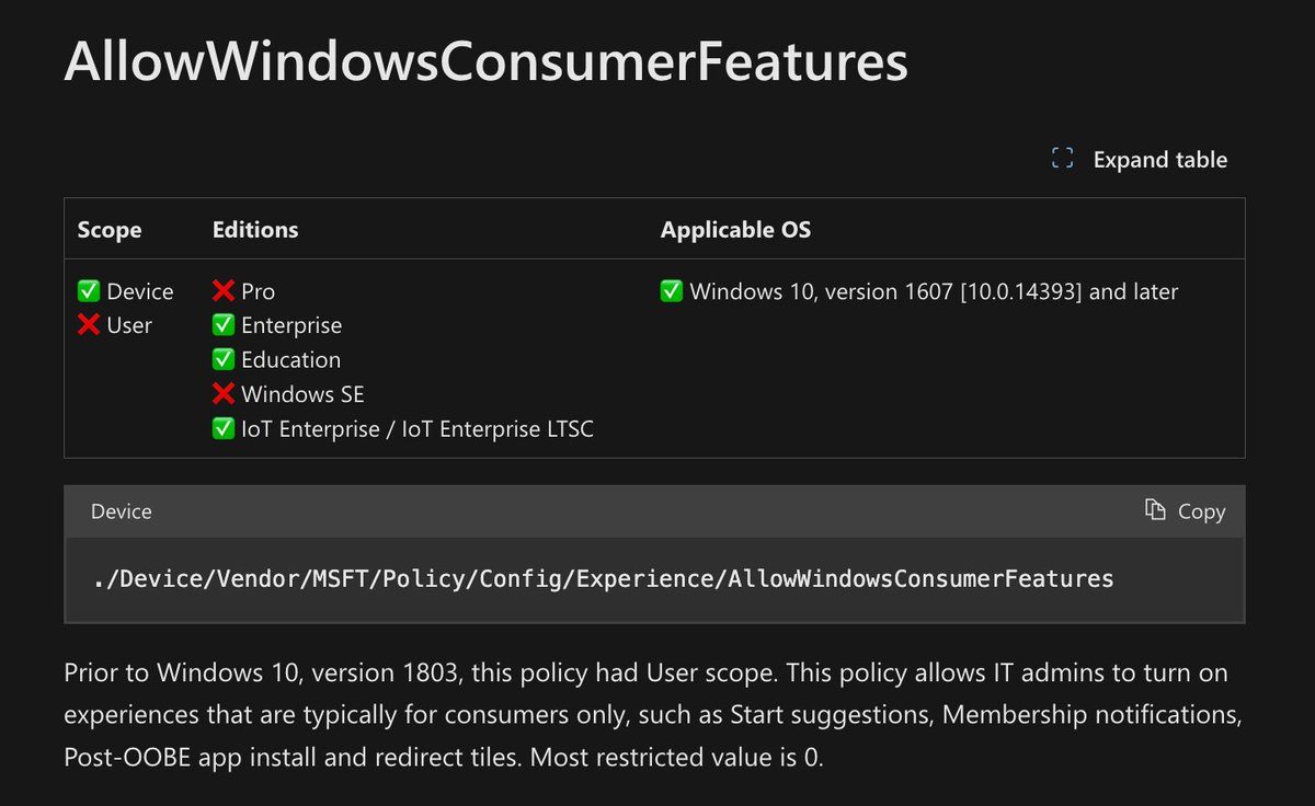 NathanMcNulty's tweet image. This crap shouldn&apos;t be in Windows in the first place, but under no circumstances should it be in Pro / Enterprise

Microsoft really needs to put this stuff under Consumer Features, turn it off by default, add Pro support, and let crazy people turn it on

learn.microsoft.com/en-us/windows/…