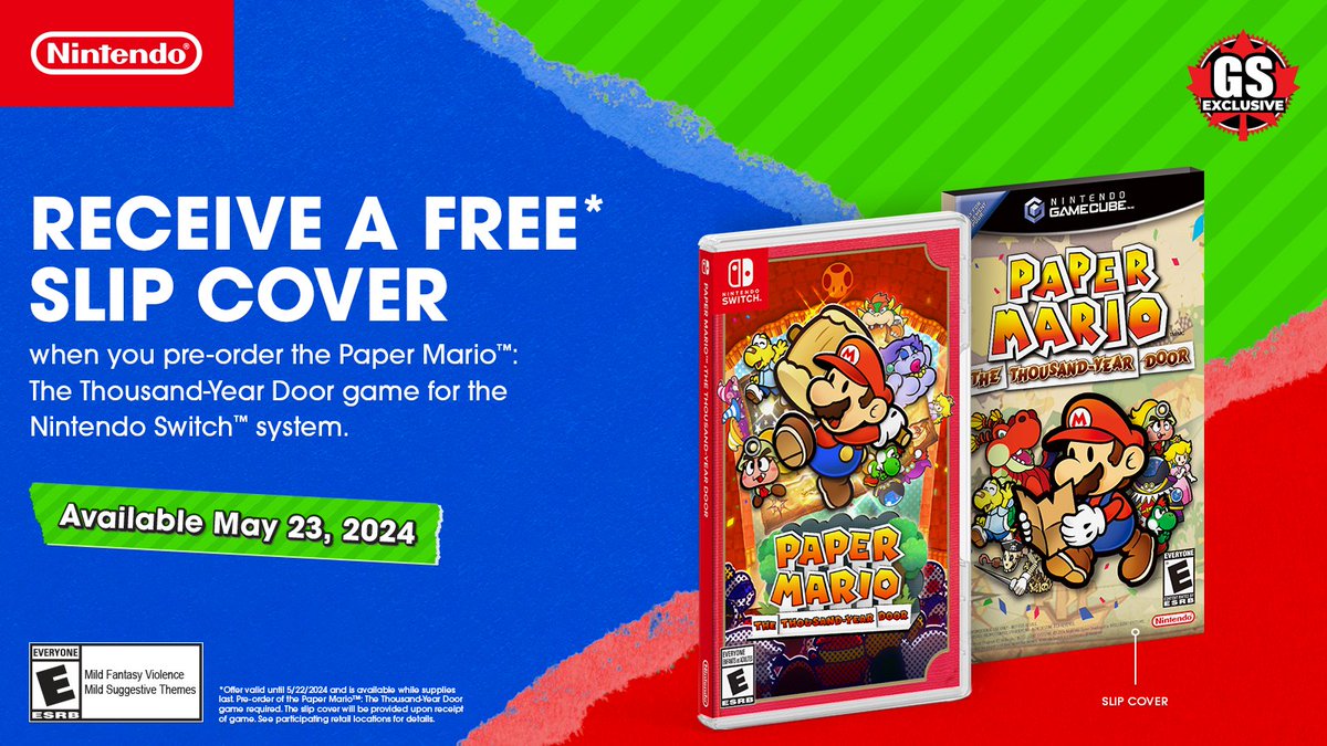 Receive a free* slip cover when you pre-order the Paper Mario: The Thousand-Year Door game for the Nintendo Switch system.