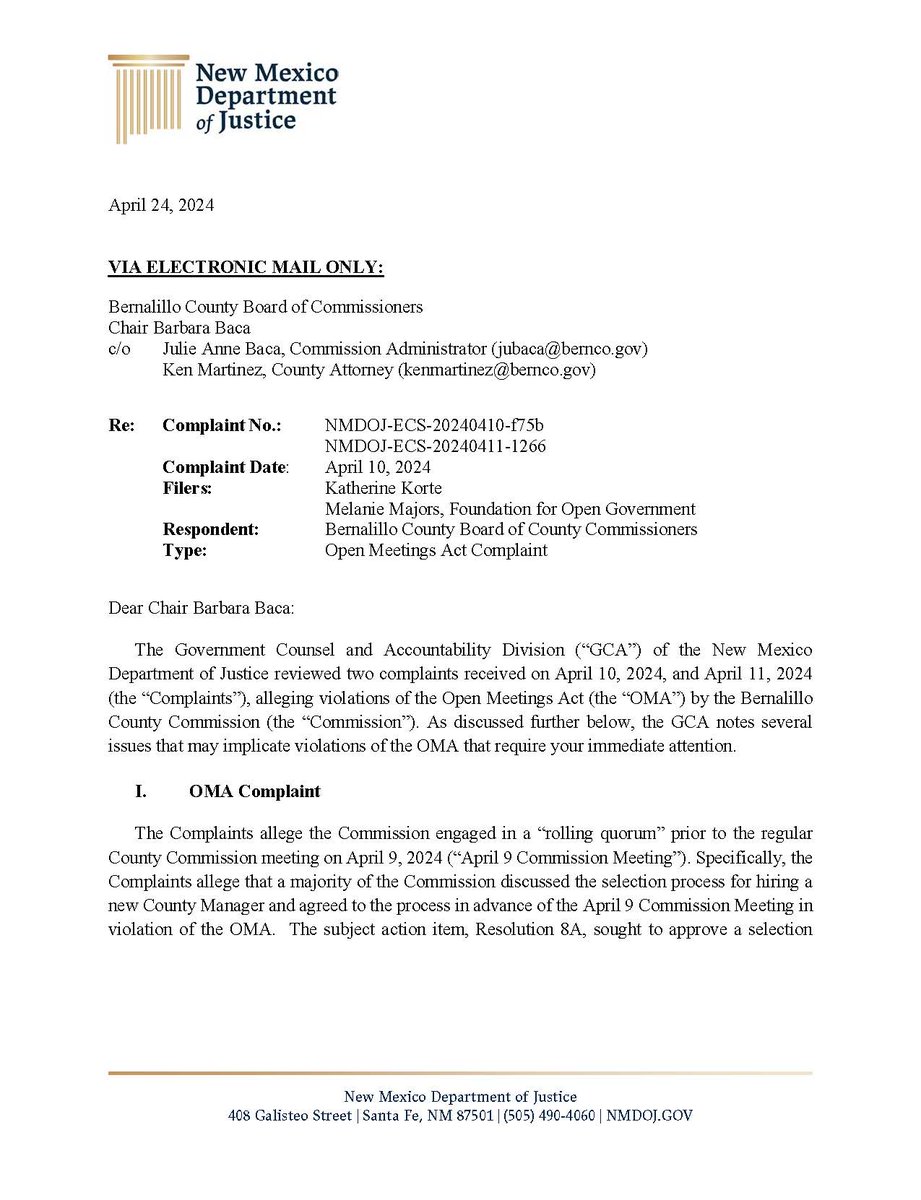 nmfog's tweet photo. NMDOJ agrees with #nmfog and has advised the Bernalillo County Commission that recent board action violates the state’s OMA. https://t.co/Hy3aU9AGno