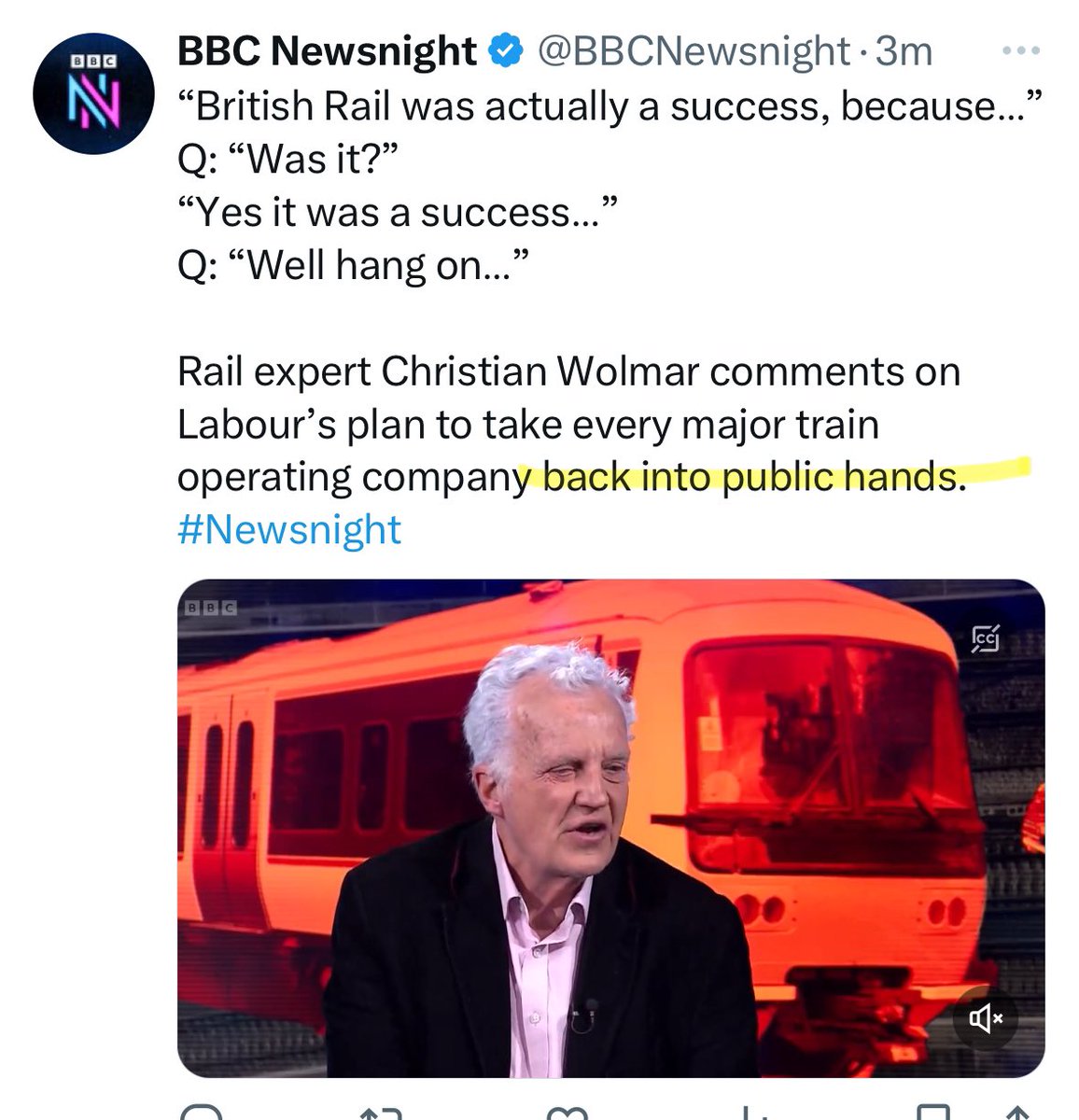 Absolutely sick of this linguistic capitulation from those who should know better. You can have a reasonable debate without taking on the language of the activists as if it were neutral. “Back into public hands” is not a neutral way to describe nationalisation, @BBCNewsnight.
