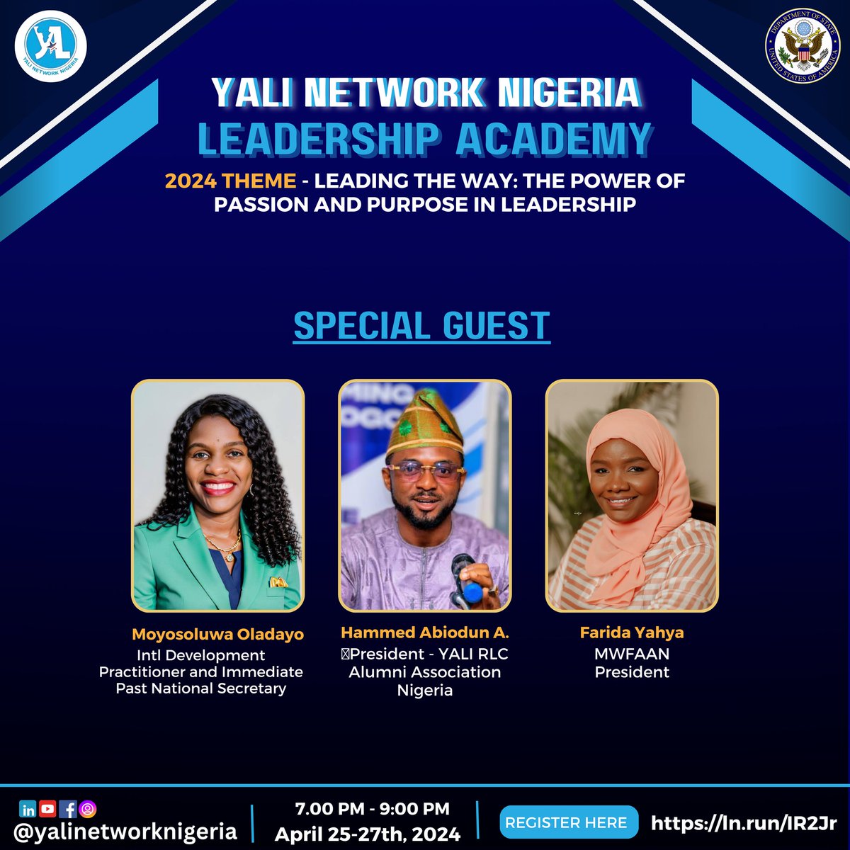 We're thrilled to introduce our special guests for the Leadership Academy! Joining us are Moyosoluwa Oladayo, Int'l Development Practitioner; Farida Yahya, @MWFAAN President &amp; Hammed Abiodun A., President of YALI RLC Alumni Association Nigeria.