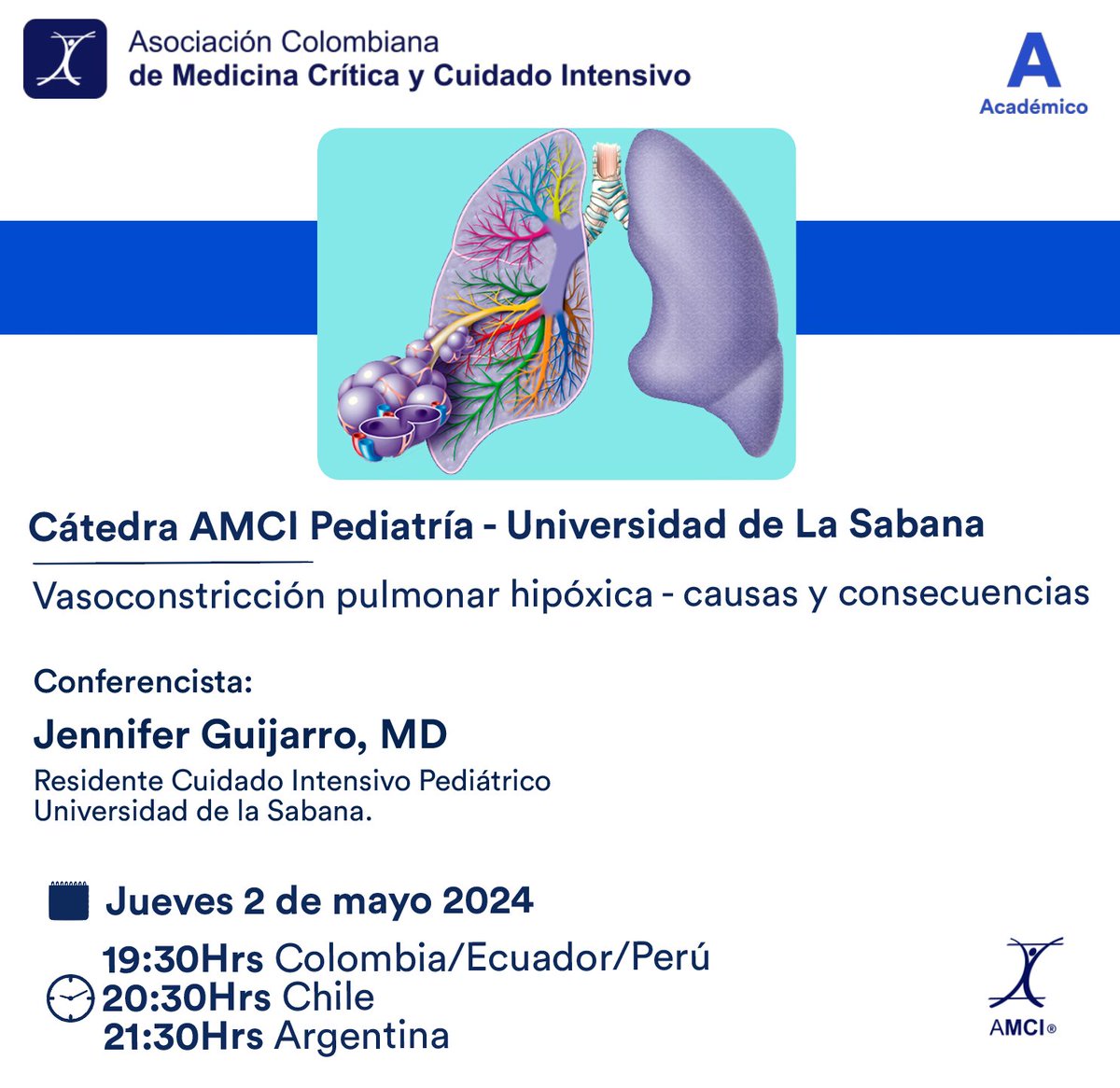 AMCI (@amci_colombia) on Twitter photo Los esperamos con la #cátedraamci de #pediatría <a href="/unisabana/">Universidad de La Sabana</a> Vasoconstricción pulmonar hipóxica - causas consecuencias
Inscripciones:
🔗 linktr.ee/AMCI_Colombia
🗓Jueves 2 de mayo
Conferencista: Jennifer Guijarro, MD
Residente Cuidado Intensivo Pediátrico Unisabana
🕢19:30Hrs Col Los esperamos con la #cátedraamci de #pediatría <a href="/unisabana/">Universidad de La Sabana</a> Vasoconstricción pulmonar hipóxica - causas consecuencias
Inscripciones:
🔗 linktr.ee/AMCI_Colombia
🗓Jueves 2 de mayo
Conferencista: Jennifer Guijarro, MD
Residente Cuidado Intensivo Pediátrico Unisabana
🕢19:30Hrs Col