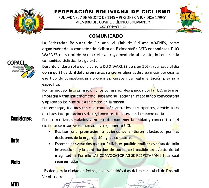 Comunicado de la Federación Boliviana de Ciclismo sobre la competencia DUO WARNES dlvr.it/T5yzvt
