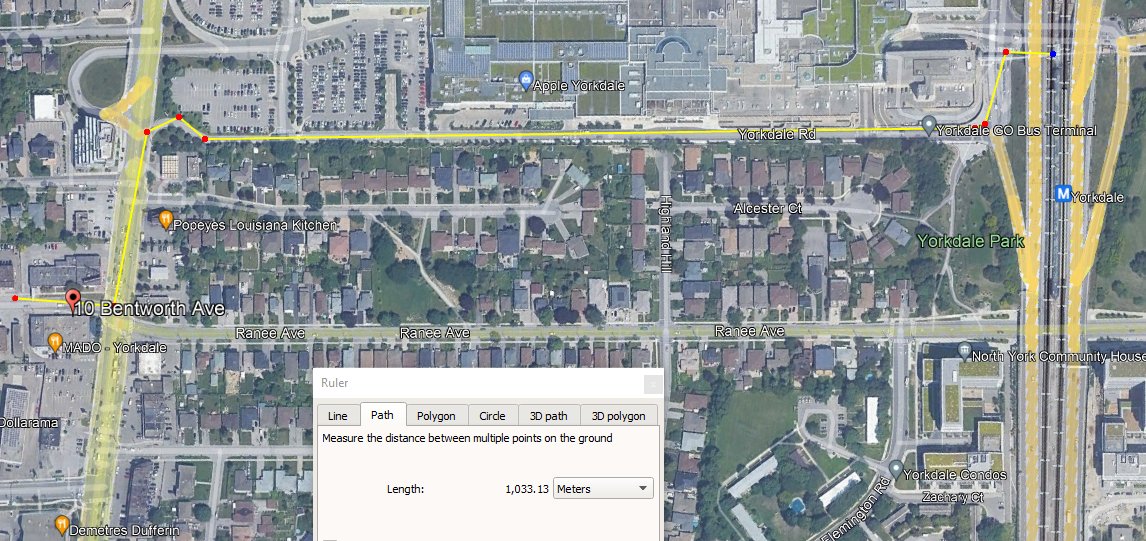 Just above 1 km to Yorkdale subway station, about 920 m to the GO bus station, and about 480 m to the nearest mall entrance.