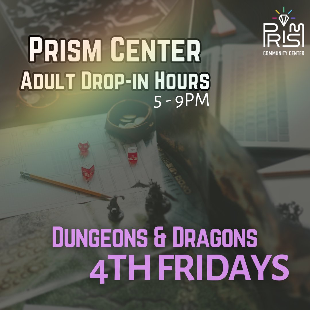This week is D&D 4th Fridays at adult drop in hours!🌟

Every 4th Friday of the month we’ll have a Dungeon Master at drop-in hours, ready to lead you on an adventure! Beginner-friendly.
.
#SeeIfYouCritOnFriday #CriticalFridays #PrismCenter #PrismCommunityCenter
