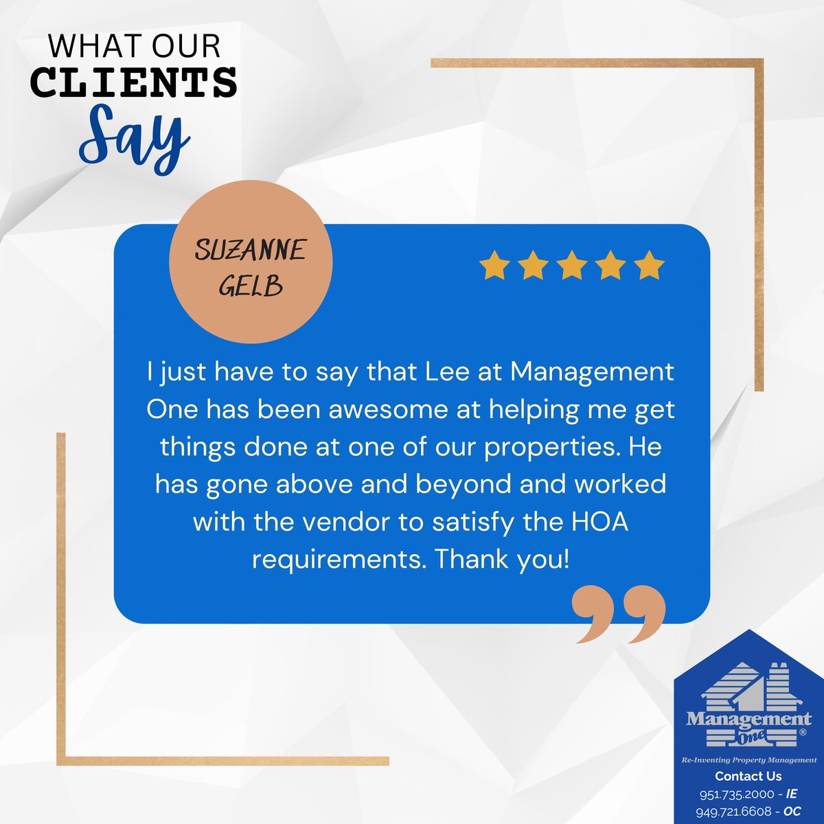 Thank you for recognizing Lee! ❤️ It’s great to know that our clients are having a great experience with our company.

Want to know more about the Management One experience? Visit us at ecs.page.link/Zj3Xz

#managementone #propertymanagement #managementoneexperience