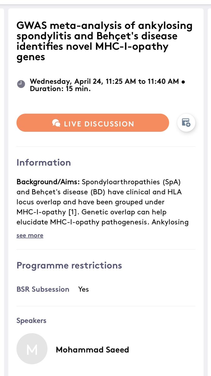 My presentation was part of the "AxSpA and PsA Oral Abstracts".

Most significant finding of my research is that CXCR6 is a novel gene for MHC-I-Opathy.

#BSR24
<a href="/britspauk/">BRITSpA</a>