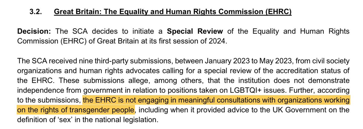 Recall that the UN is currently reviewing the EHRC’s accreditation as a human rights body in part because it is accused of failing to engage in meaningful consultations with groups focussed on the human rights of trans people…