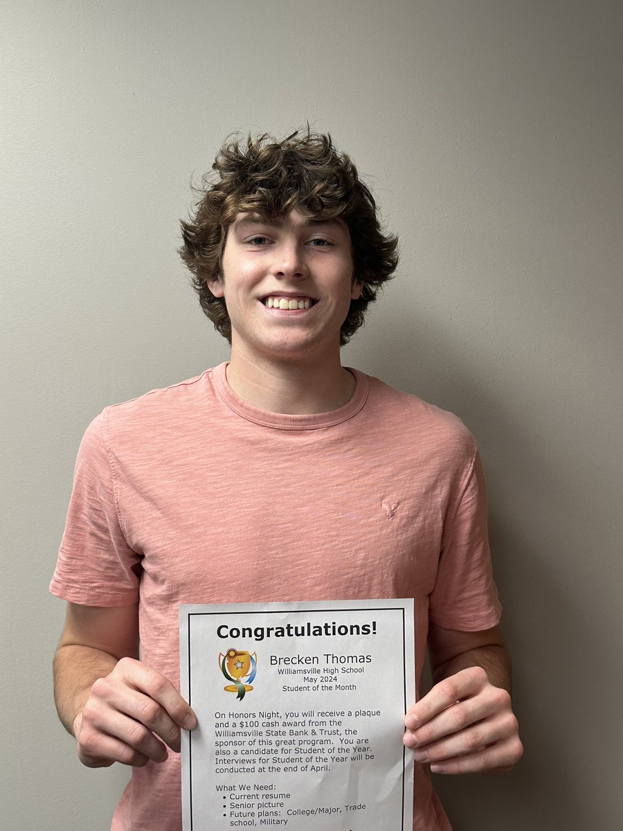 Congratulation to Brecken Thomas. He was selected as WHS Student of the Month for the month of May. #bulletpride