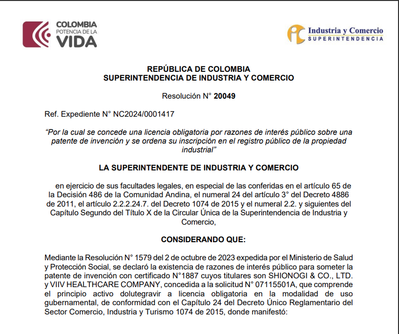 Today Colombia 🇨🇴 made an expensive HIV/AIDS treatment affordable By overriding the patent monopoly (a 'compulsory license') Pharma sued & attacked health ministry staff, delaying progress Colombia stood tall. 👏👏 Let's follow the example. Here is the dolutegravir license: