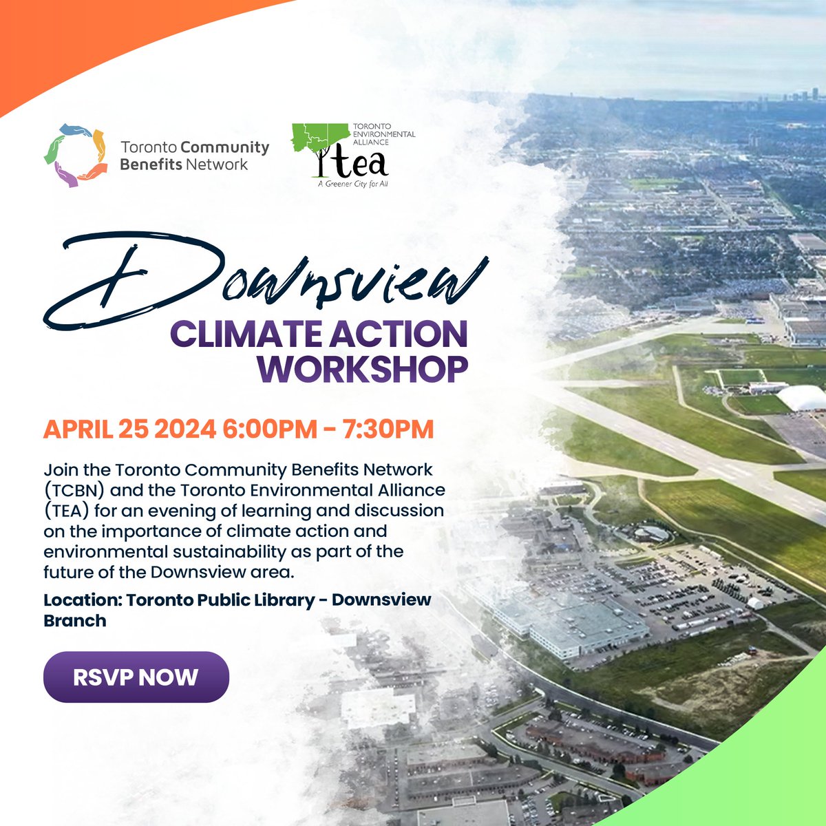 HAPPENING TOMORROW TCBN and @TOenviro are hosting a Climate Action Workshop to discuss the importance of climate action and environmental sustainability as part of the future of the Downsview area RSVP now at communitybenefits.ca/downsview_clim… #communitybenefits #climateaction #downsview
