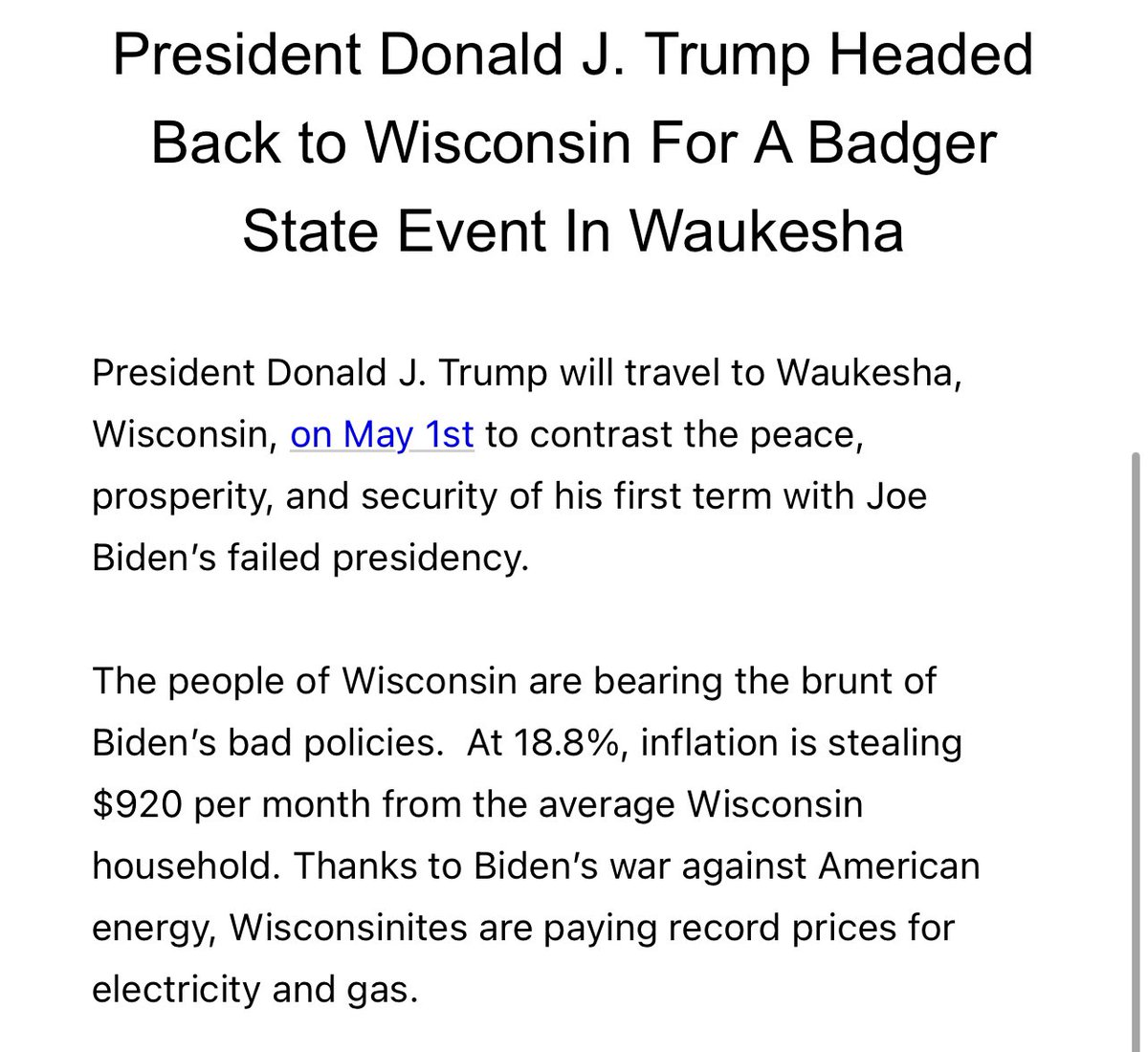 Former President Donald Trump will hold a rally in Waukesha on May 1: